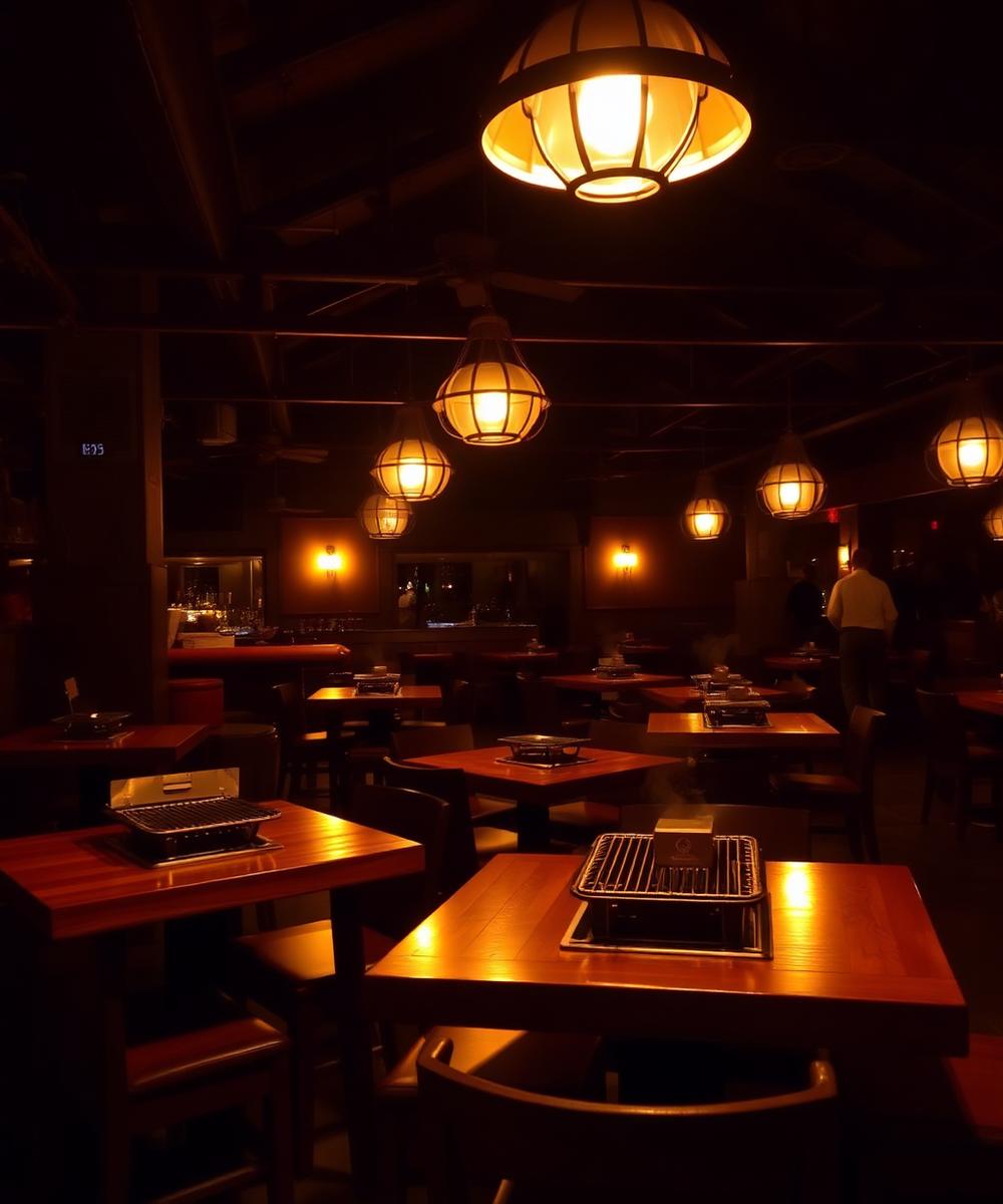 The Mélange dining room at night, tables fitted with built-in grills