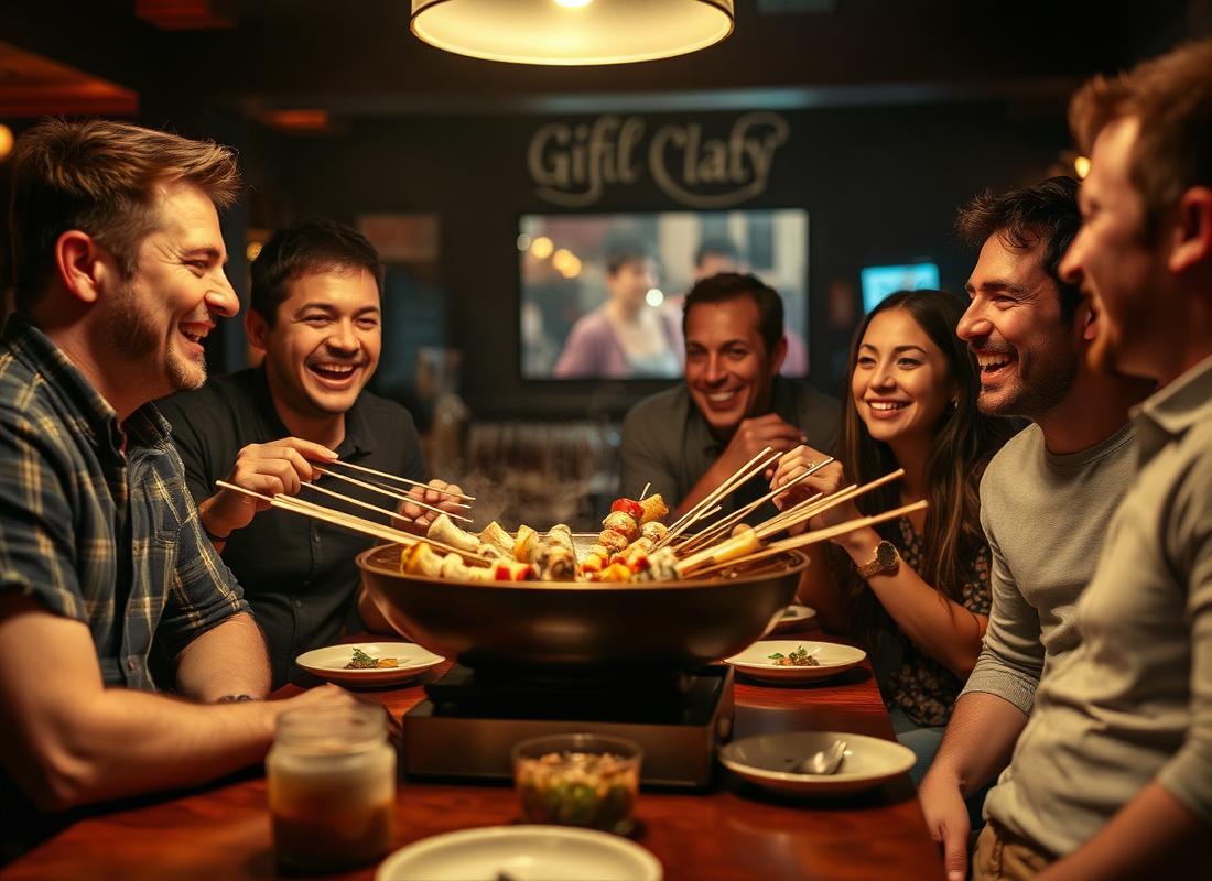 Friends laughing around a table-top BBQ grill