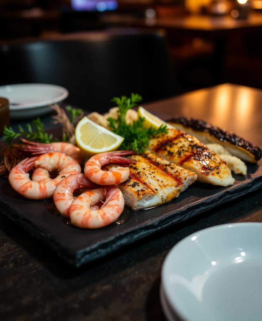Grilled shrimp and fish fillets on a slate platter