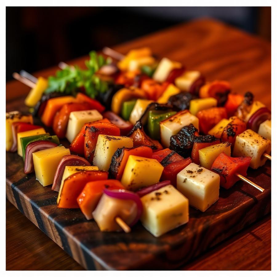 Colourful grilled vegetable skewers on a wooden board